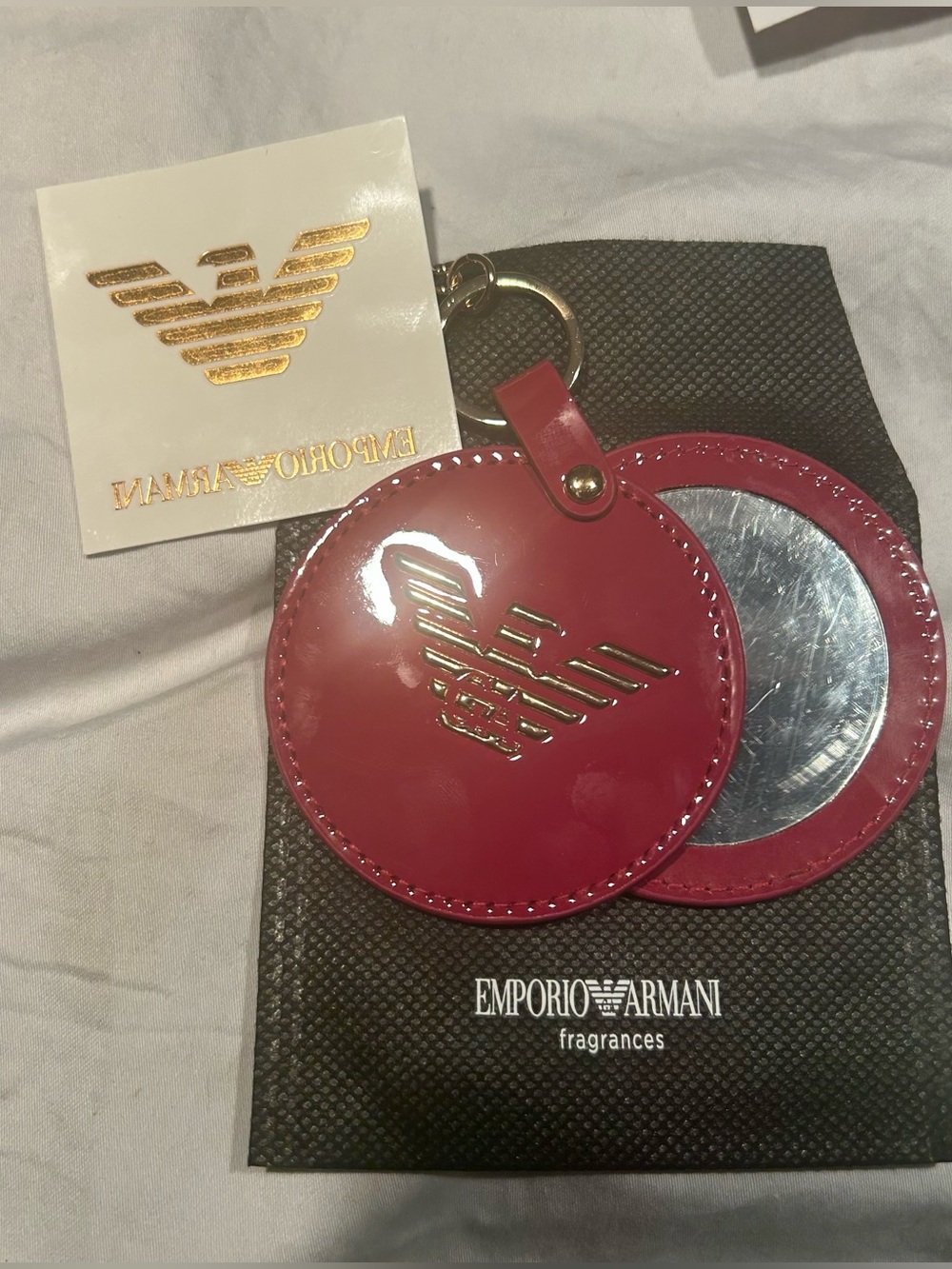 Emporio Armani Pink Patent Leather Round Keychain Mirror with Gold Hardware